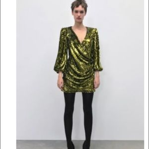 NWT Zara Green Sequin Mini Wrap Dress Sz L